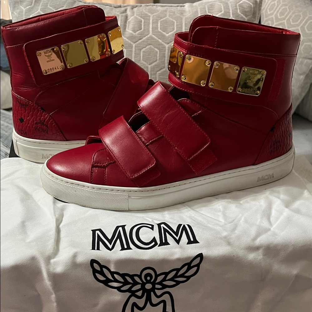 MCM Red Leather High-Tops with Gold Details